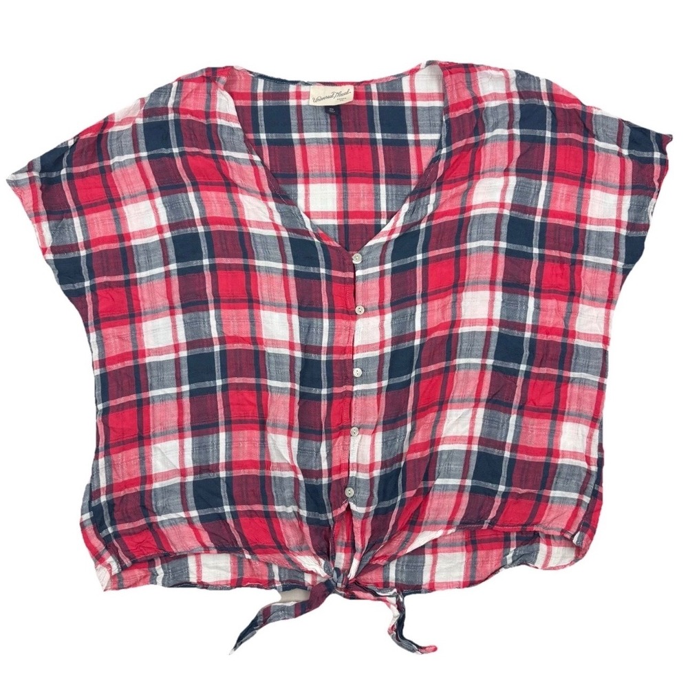Universal Thread Plaid Top Womens XXL Red Navy Blue Tie Front Button V-Neck